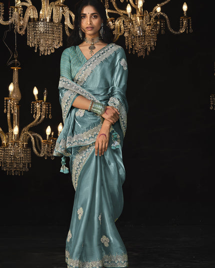 Teal Blue Tissue Silk Embroidered Designer Saree