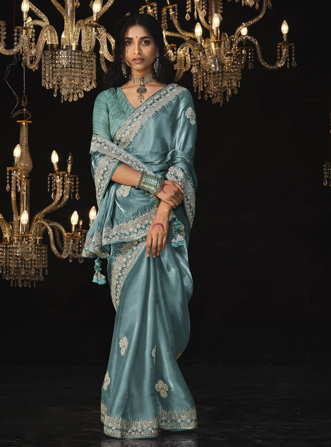 Teal Blue Tissue Silk Embroidered Designer Saree