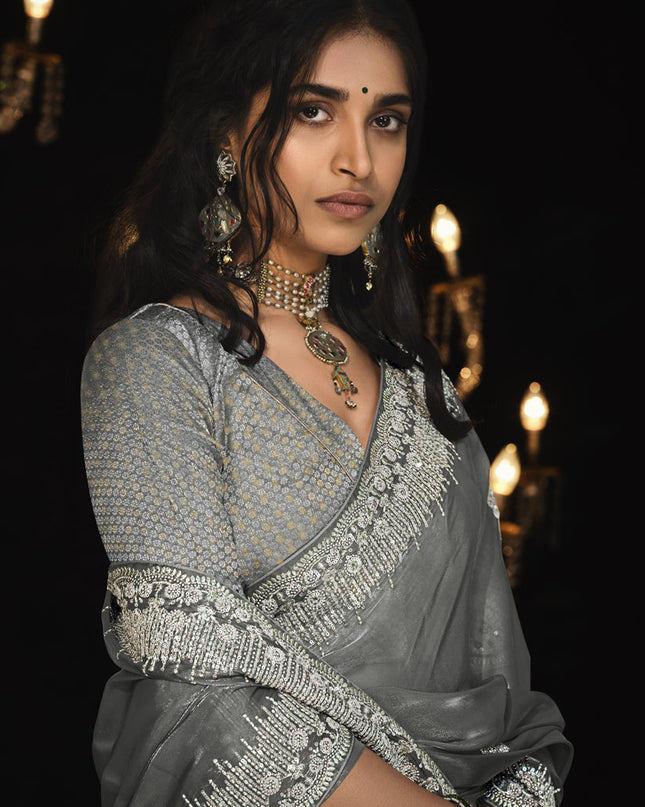 Stone Grey Tissue Silk Embroidered Designer Saree