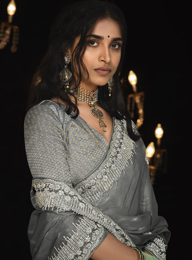 Stone Grey Tissue Silk Embroidered Designer Saree
