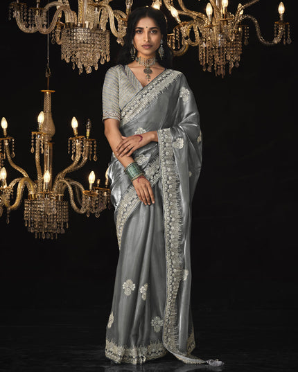 Stone Grey Tissue Silk Embroidered Designer Saree