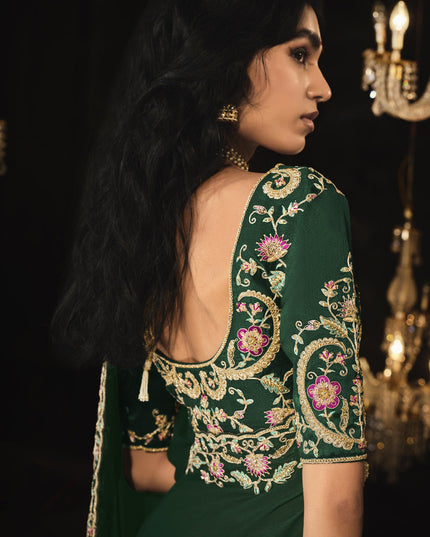 Bottle Green Embroidered Designer Saree