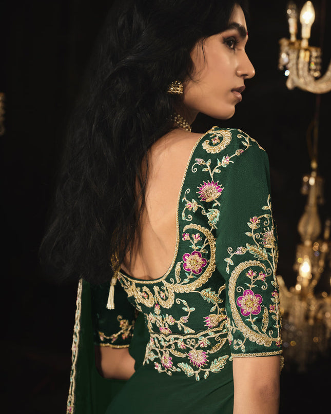 Bottle Green Embroidered Designer Saree