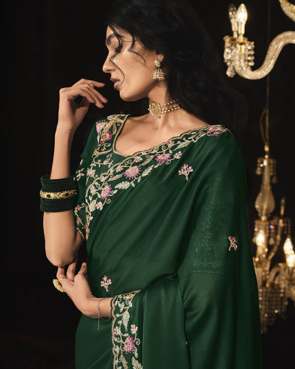 Bottle Green Embroidered Designer Saree