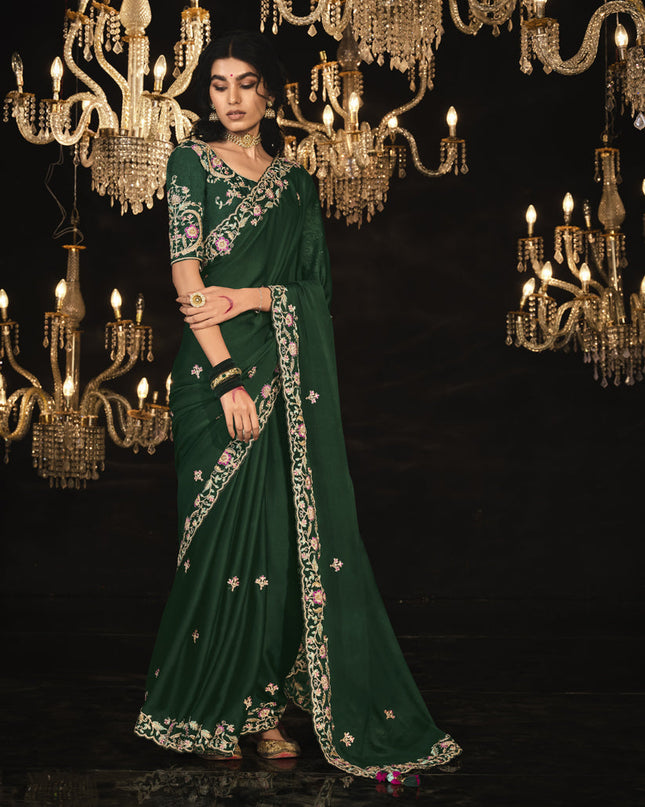 Bottle Green Embroidered Designer Saree