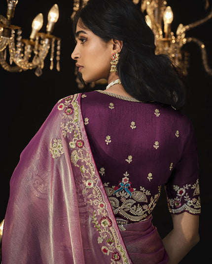 Onion Pink Embroidered Designer Saree