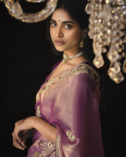 Onion Pink Embroidered Designer Saree