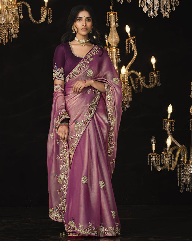Onion Pink Embroidered Designer Saree
