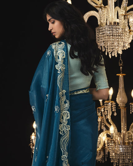 Prussian Blue Embroidered Designer Saree