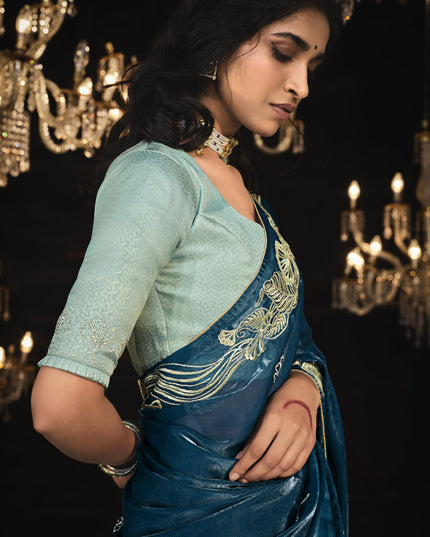 Prussian Blue Embroidered Designer Saree