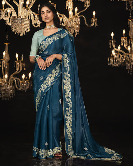Prussian Blue Embroidered Designer Saree