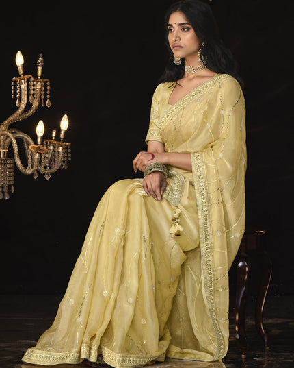 Pastel Yellow Embroidered Designer Saree