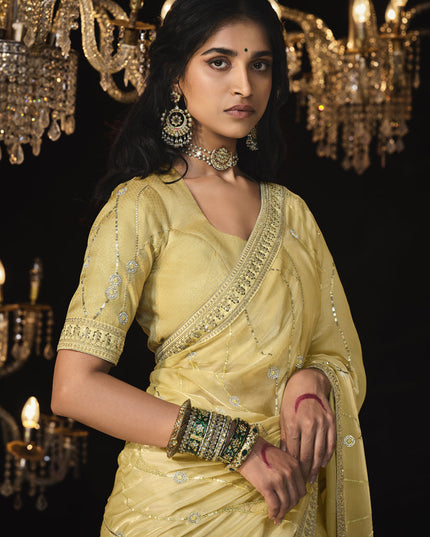 Pastel Yellow Embroidered Designer Saree