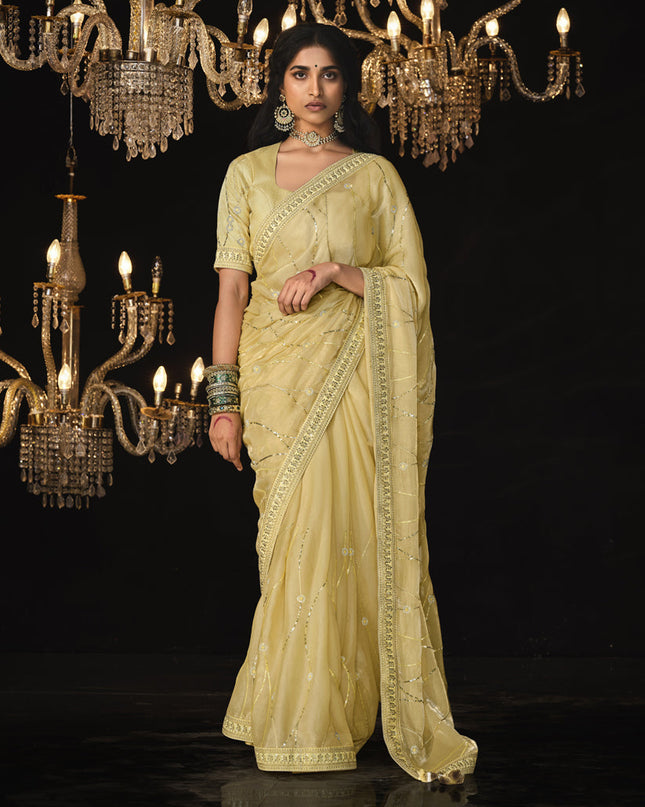 Pastel Yellow Embroidered Designer Saree