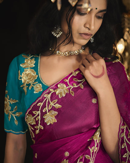 Magenta Embroidered Designer Saree