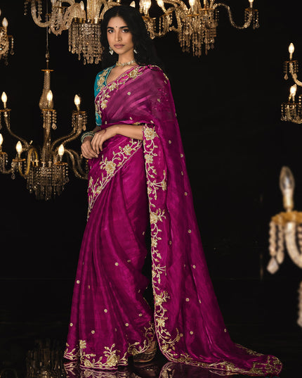 Magenta Embroidered Designer Saree