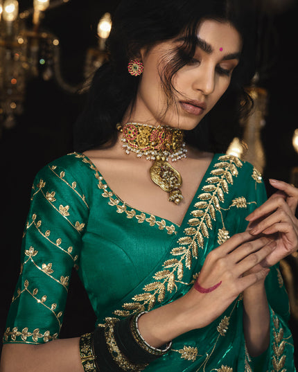 Rama Green Tissue Silk Embroidered Designer Saree