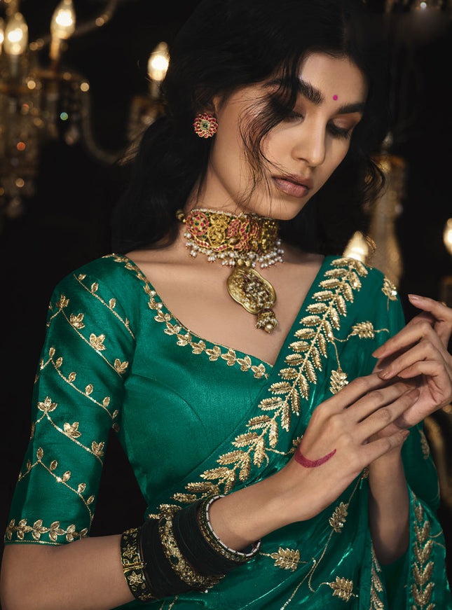 Rama Green Tissue Silk Embroidered Designer Saree