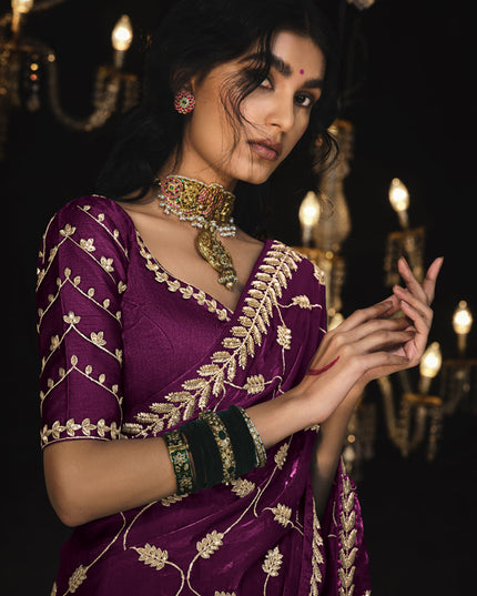 Wine Tissue Silk Embroidered Designer Saree