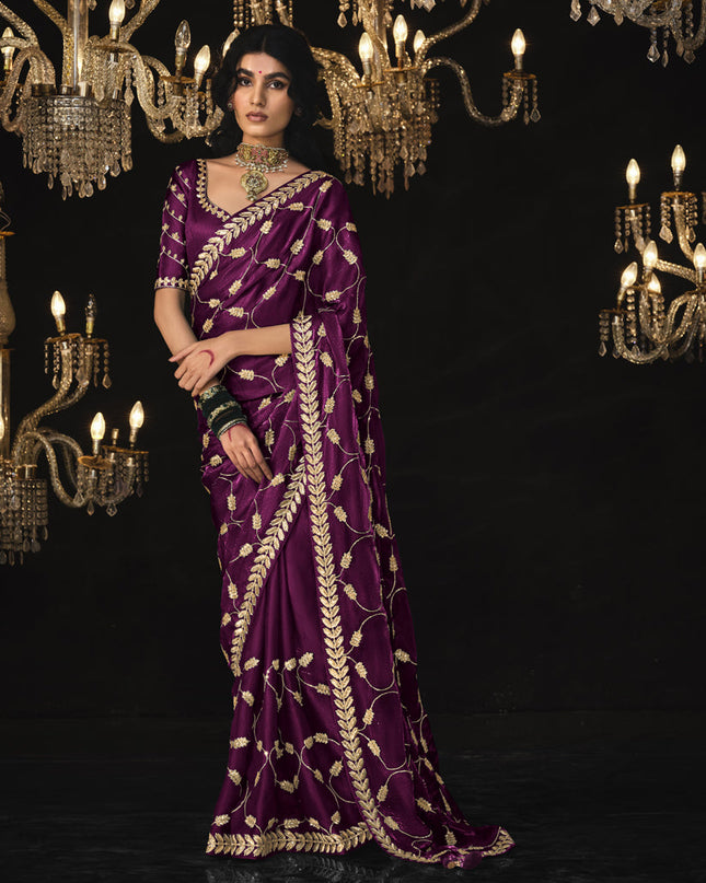 Wine Tissue Silk Embroidered Designer Saree
