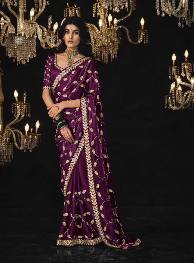 Wine Tissue Silk Embroidered Designer Saree