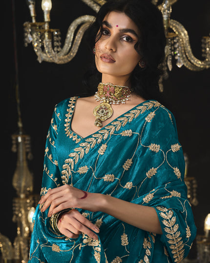 Peacock Blue Tissue Silk Embroidered Designer Saree