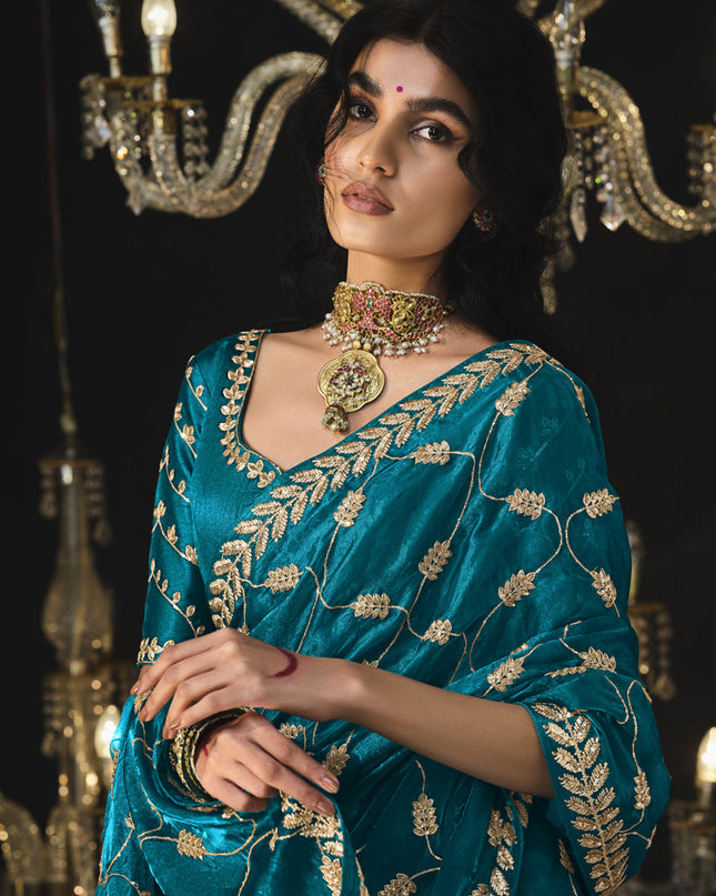 Peacock Blue Tissue Silk Embroidered Designer Saree