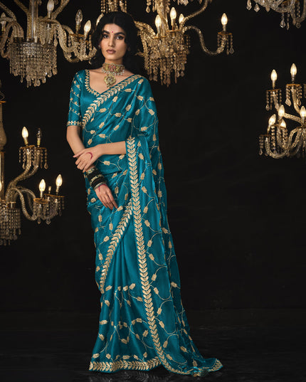 Peacock Blue Tissue Silk Embroidered Designer Saree