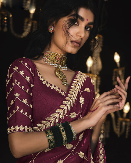 Maroon Tissue Silk Embroidered Designer Saree