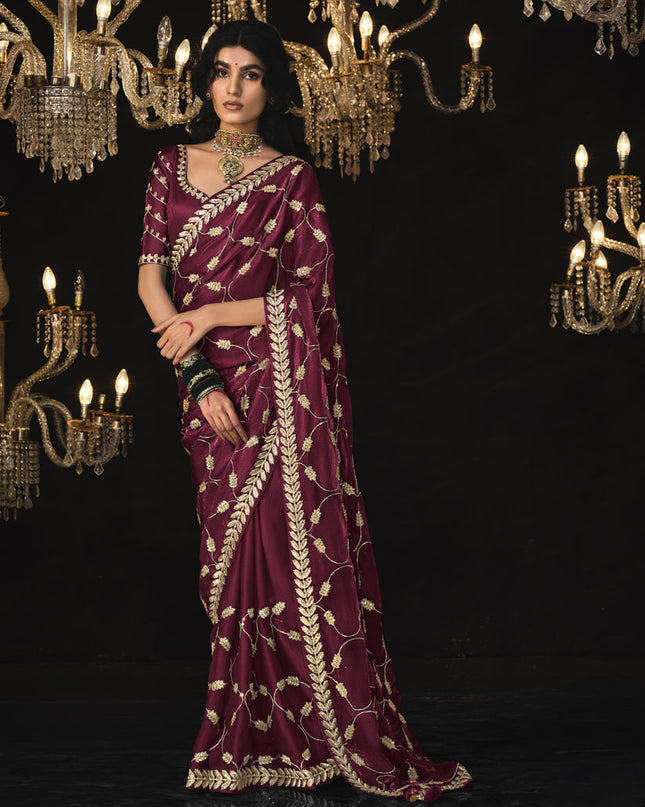 Maroon Tissue Silk Embroidered Designer Saree