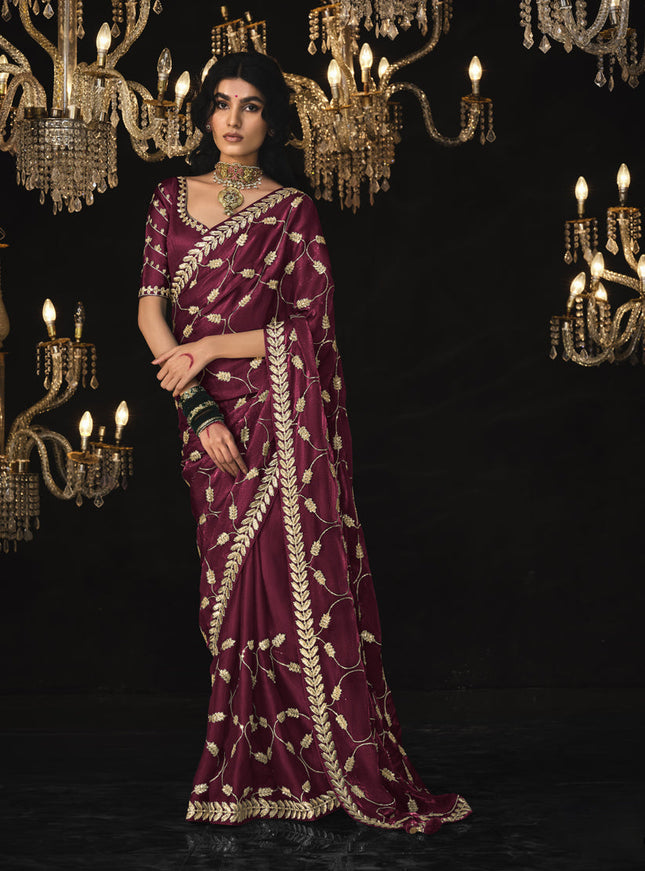 Maroon Tissue Silk Embroidered Designer Saree