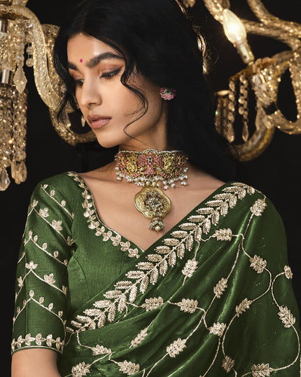 Olive Green Tissue Silk Embroidered Designer Saree
