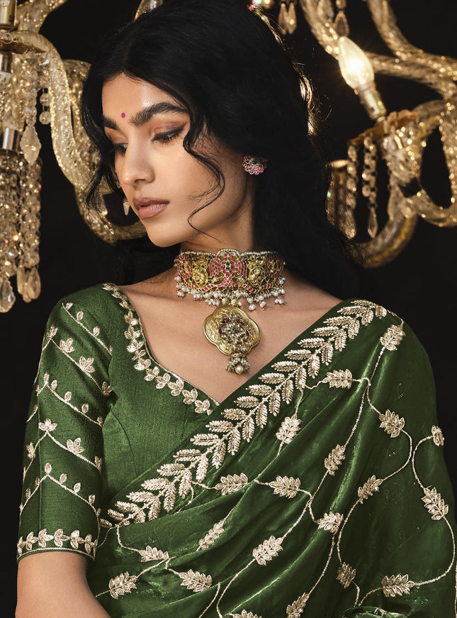 Olive Green Tissue Silk Embroidered Designer Saree