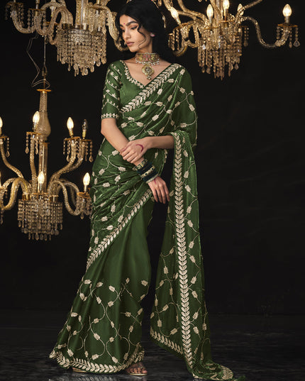 Olive Green Tissue Silk Embroidered Designer Saree