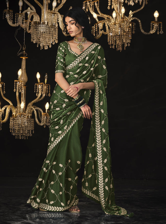 Olive Green Tissue Silk Embroidered Designer Saree