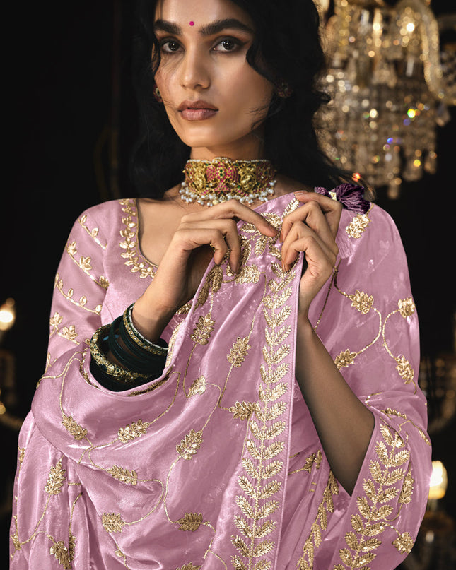 Rose Pink Tissue Silk Embroidered Designer Saree