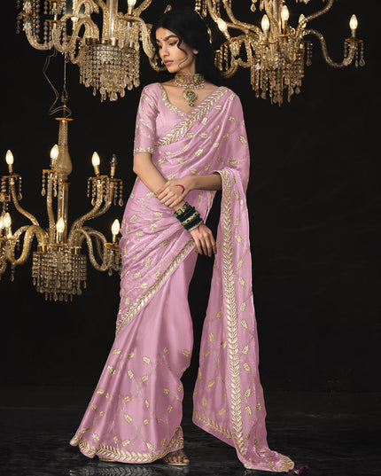Rose Pink Tissue Silk Embroidered Designer Saree