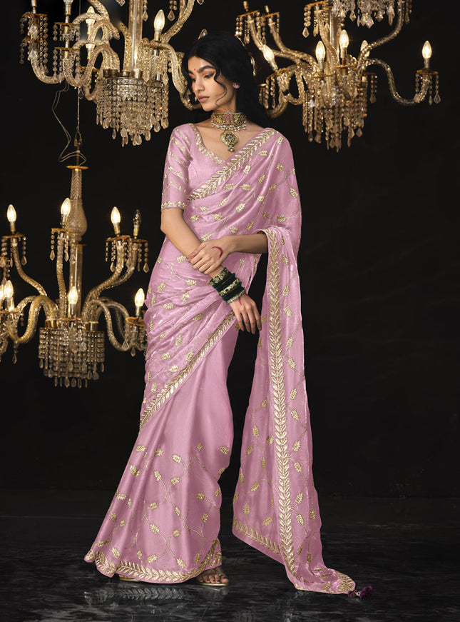 Rose Pink Tissue Silk Embroidered Designer Saree