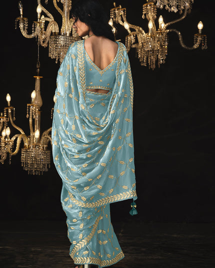 Sky Blue Tissue Silk Embroidered Designer Saree