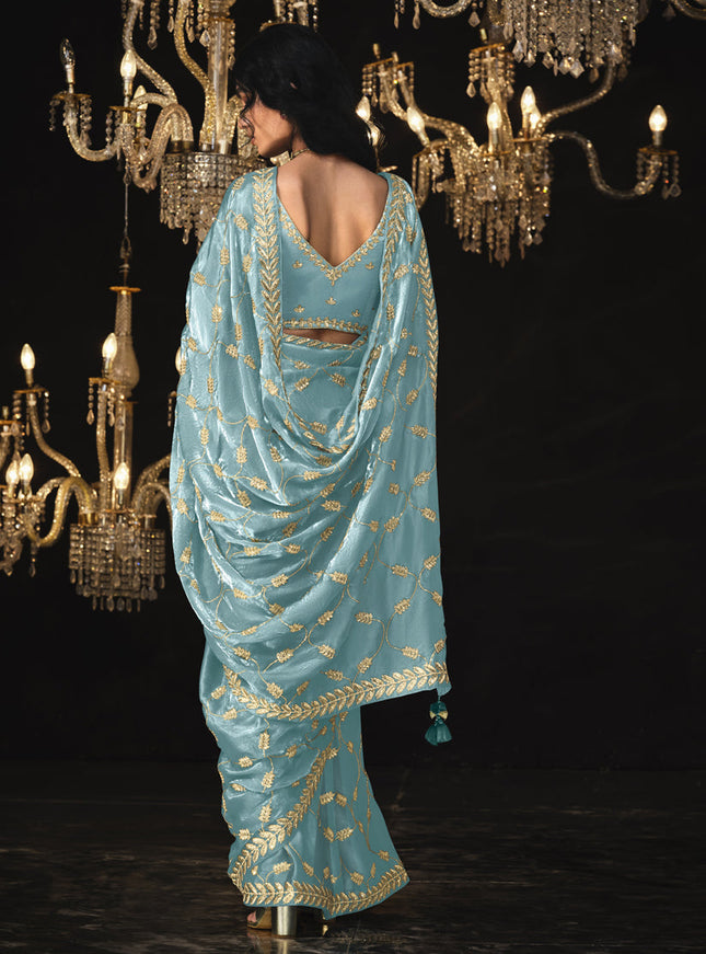 Sky Blue Tissue Silk Embroidered Designer Saree