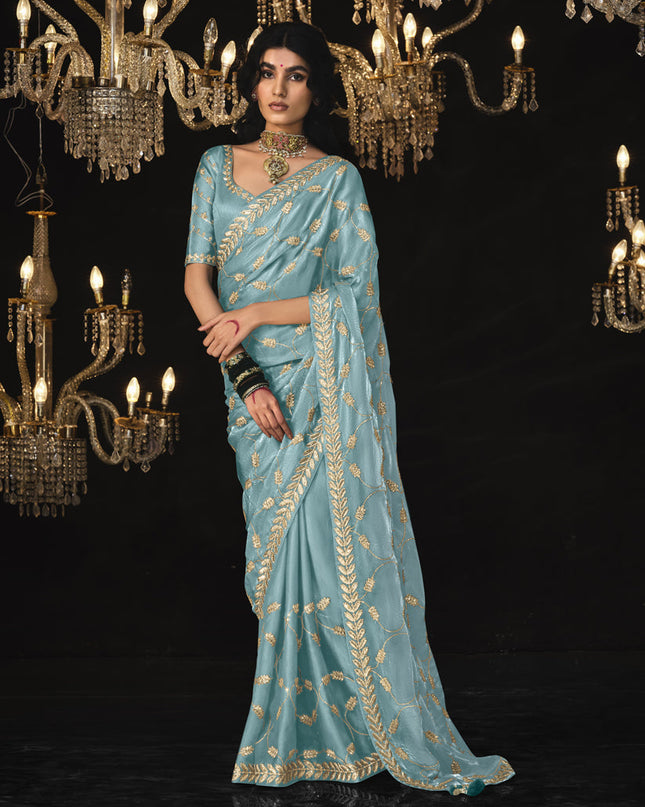 Sky Blue Tissue Silk Embroidered Designer Saree