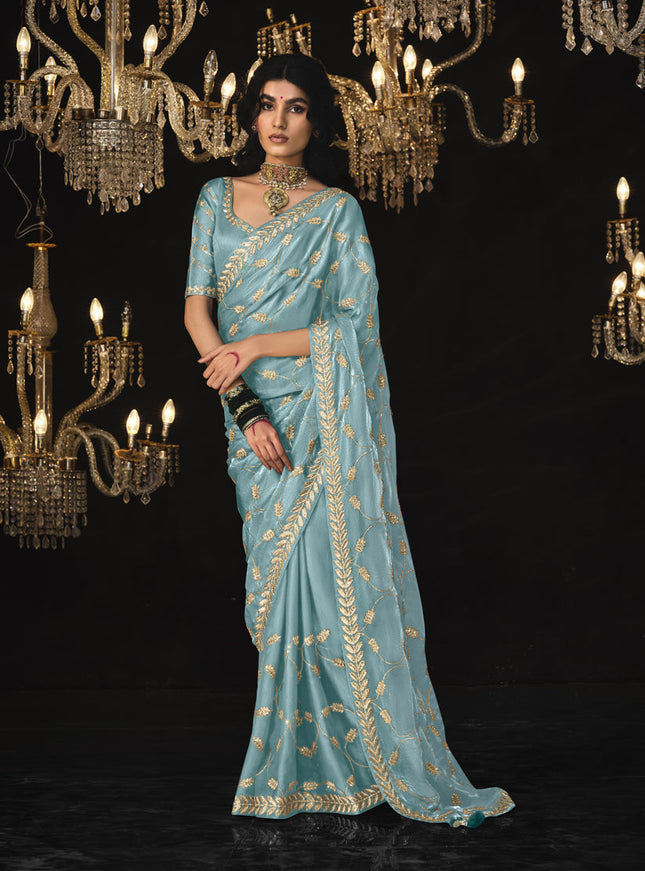 Sky Blue Tissue Silk Embroidered Designer Saree