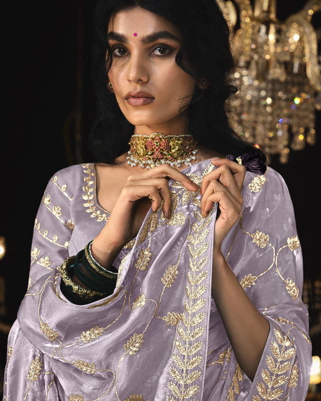 Lavender Tissue Silk Embroidered Designer Saree