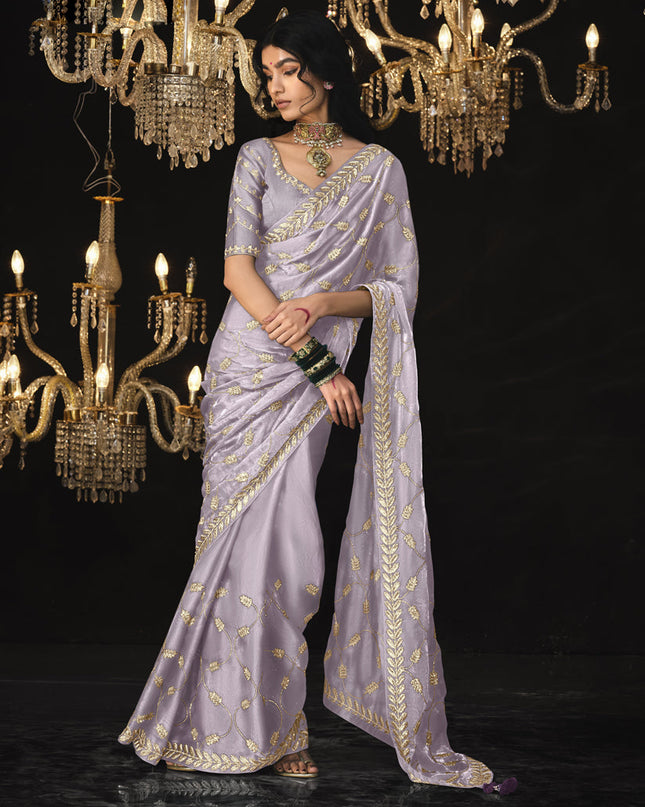 Lavender Tissue Silk Embroidered Designer Saree