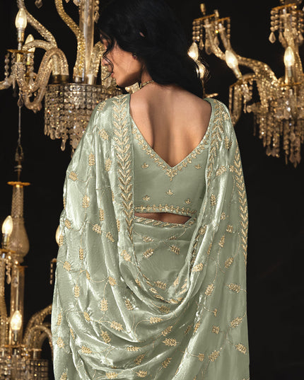 Grey Tissue Silk Embroidered Designer Saree