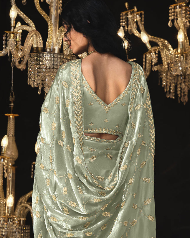 Grey Tissue Silk Embroidered Designer Saree