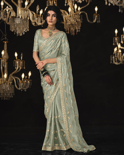 Grey Tissue Silk Embroidered Designer Saree