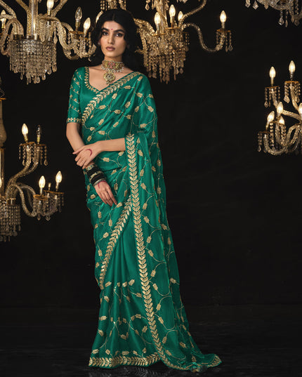 Rama Green Tissue Silk Embroidered Designer Saree