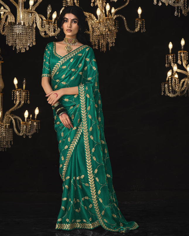 Rama Green Tissue Silk Embroidered Designer Saree