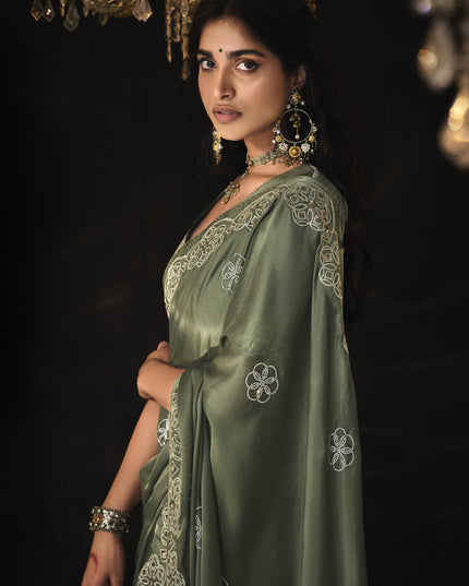 Moss Grey Embroidered Designer Saree